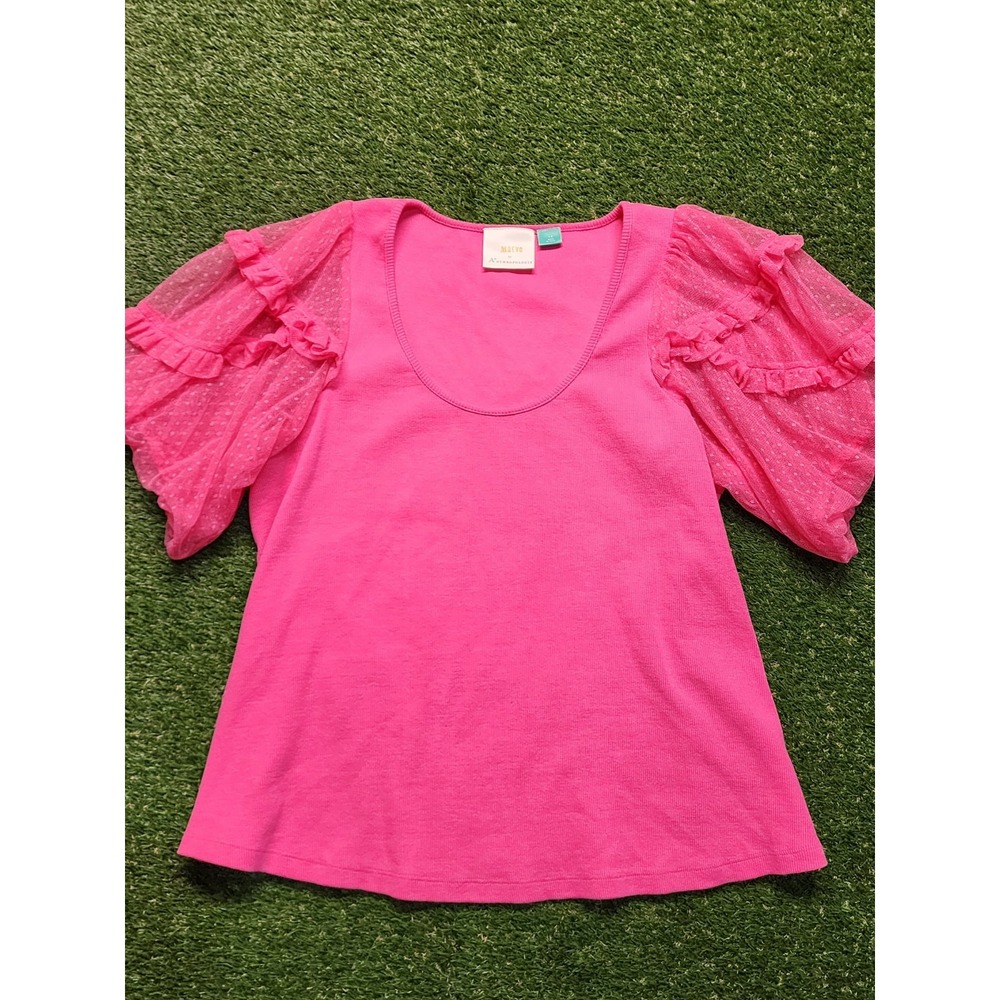 Maeve Anthropologie Hot Pink Ribbed T-Shirt Swiss Dot Ruffle Tulle Sleeve 1X